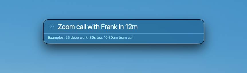 Prompt Timer quick add panel with the prompt Zoom call with Frank in 12m